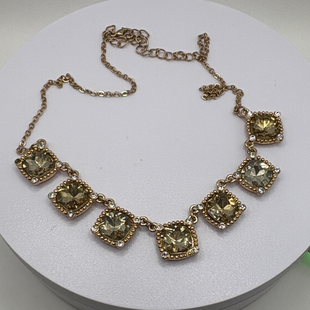 J Crew Gold Statement Necklace Champagne Crystal Square Bib - Picture 6 of 10